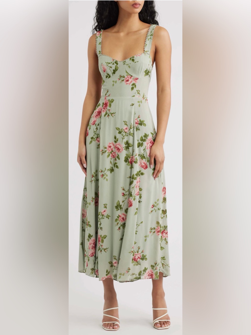 Reformation Pale Sage Green Floral Midi Dress With Pink Roses